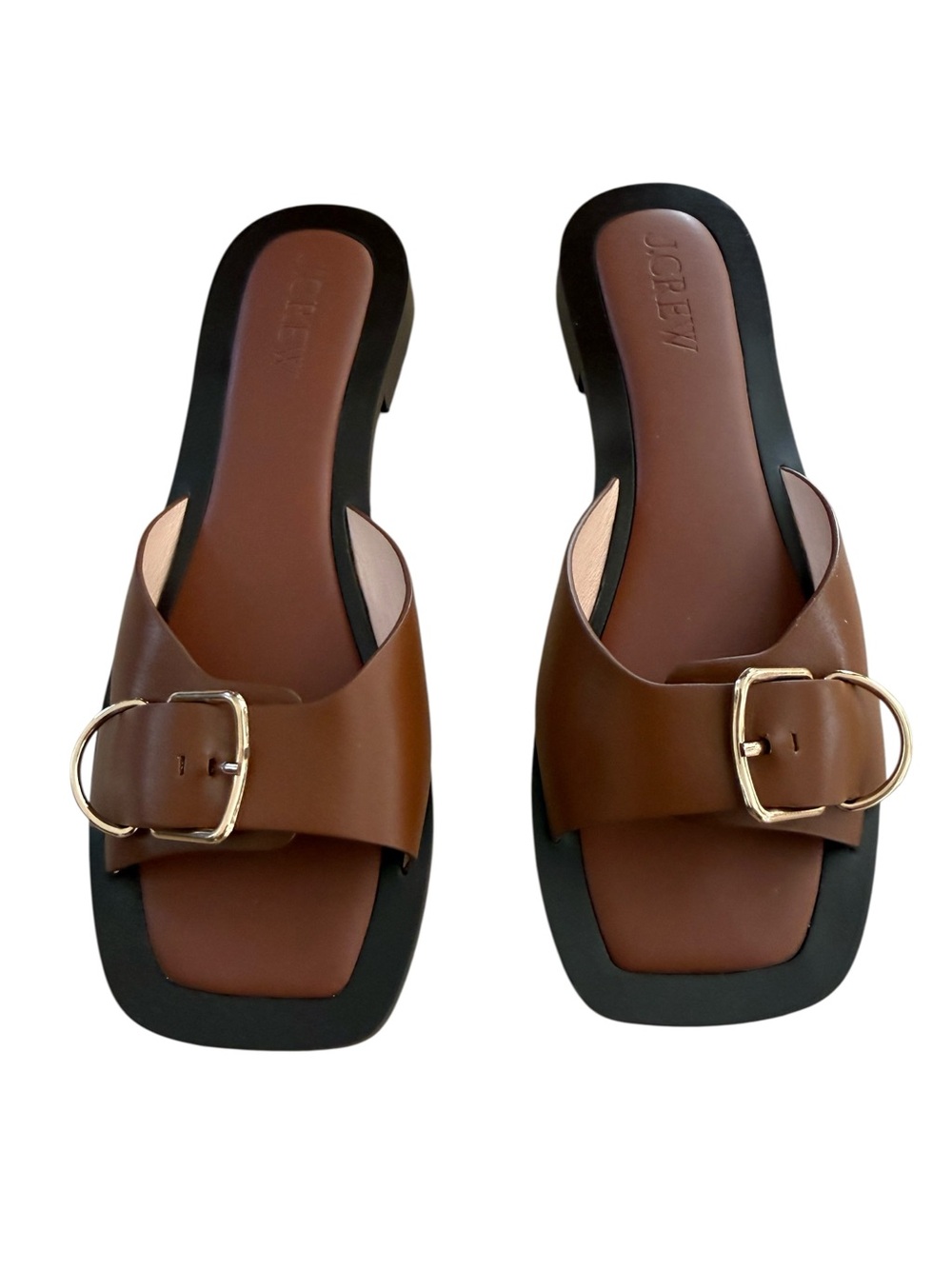 J. Crew Callie Leather Slide Sandals with Gold Buckle in Cedar Brown Size 10 EUC